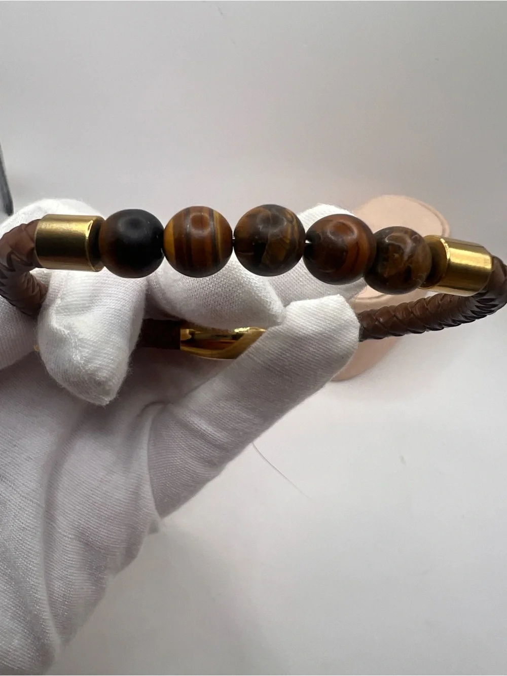 Brown Braided Leather Bracelet with Tiger Eye Beads and Gold Accents
